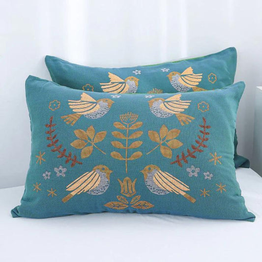 Scandinavian Cotton Gauze Pillowcases with Floral Bird Design