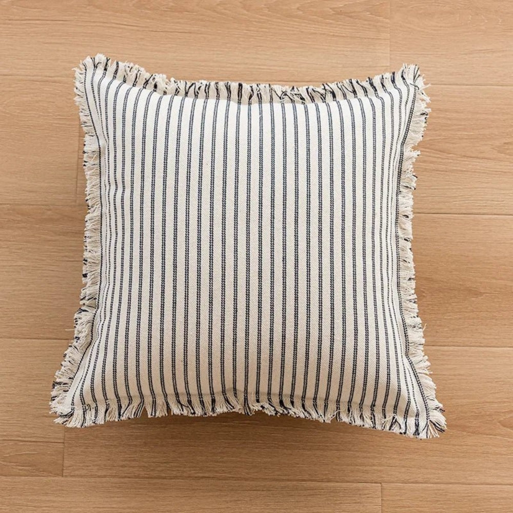 Striped Cotton-Linen Cushion Cover with Fringe