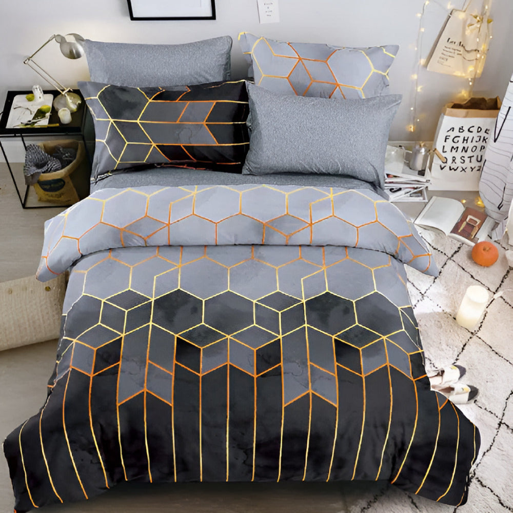 Golden Cosmo Hive Duvet Cover Set with Geometric Design - 3 Pieces