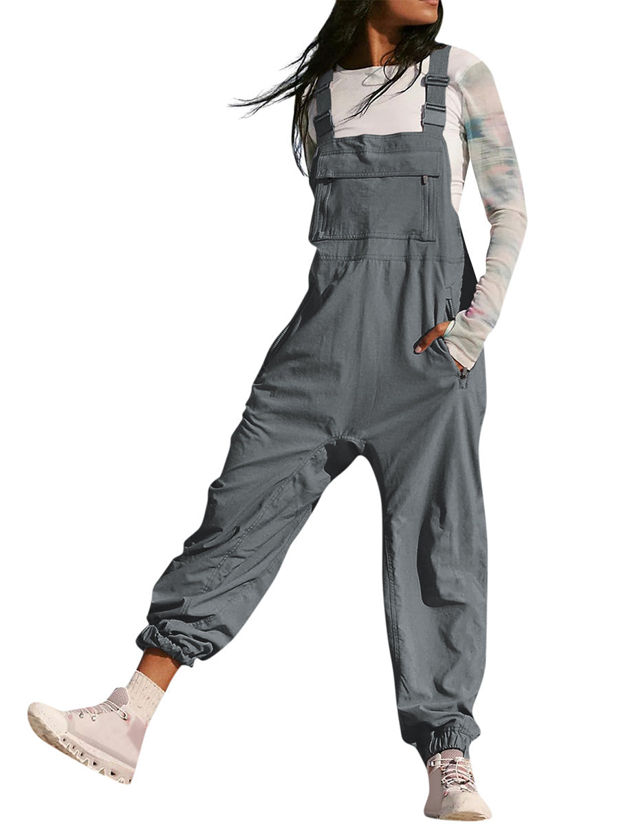 Loose Fit Women's Cargo Overalls with Zippered Pockets