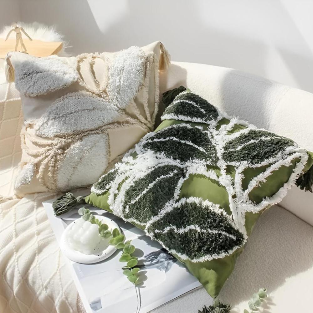 Leaf Motif Plush Cushion Cover with Tassel