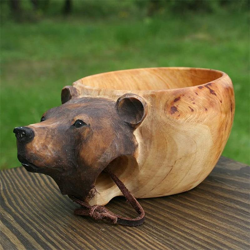 Hand-Carved Wooden Camping Mug with Leather Strap