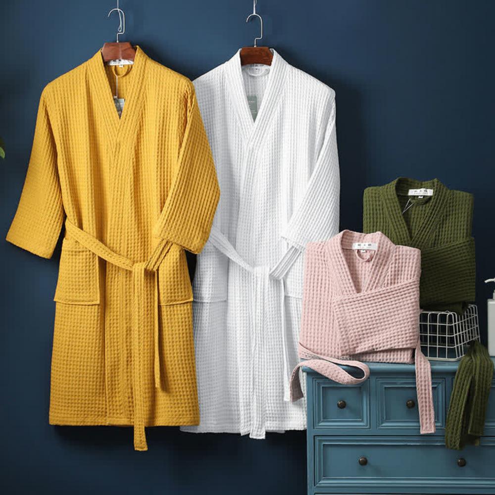 Waffle V-neck Cotton Bathrobe with Pockets