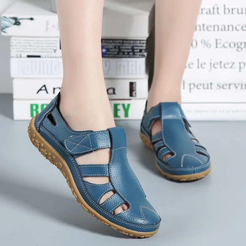 Leather Women's Velcro Sandals with Cushioned Sole