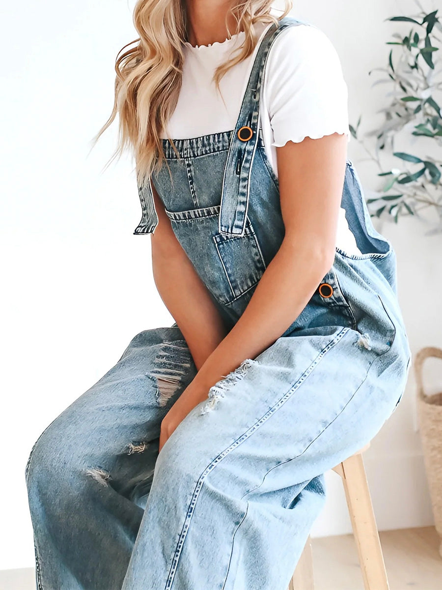 Loose Fit Distressed Denim Overalls with Adjustable Straps