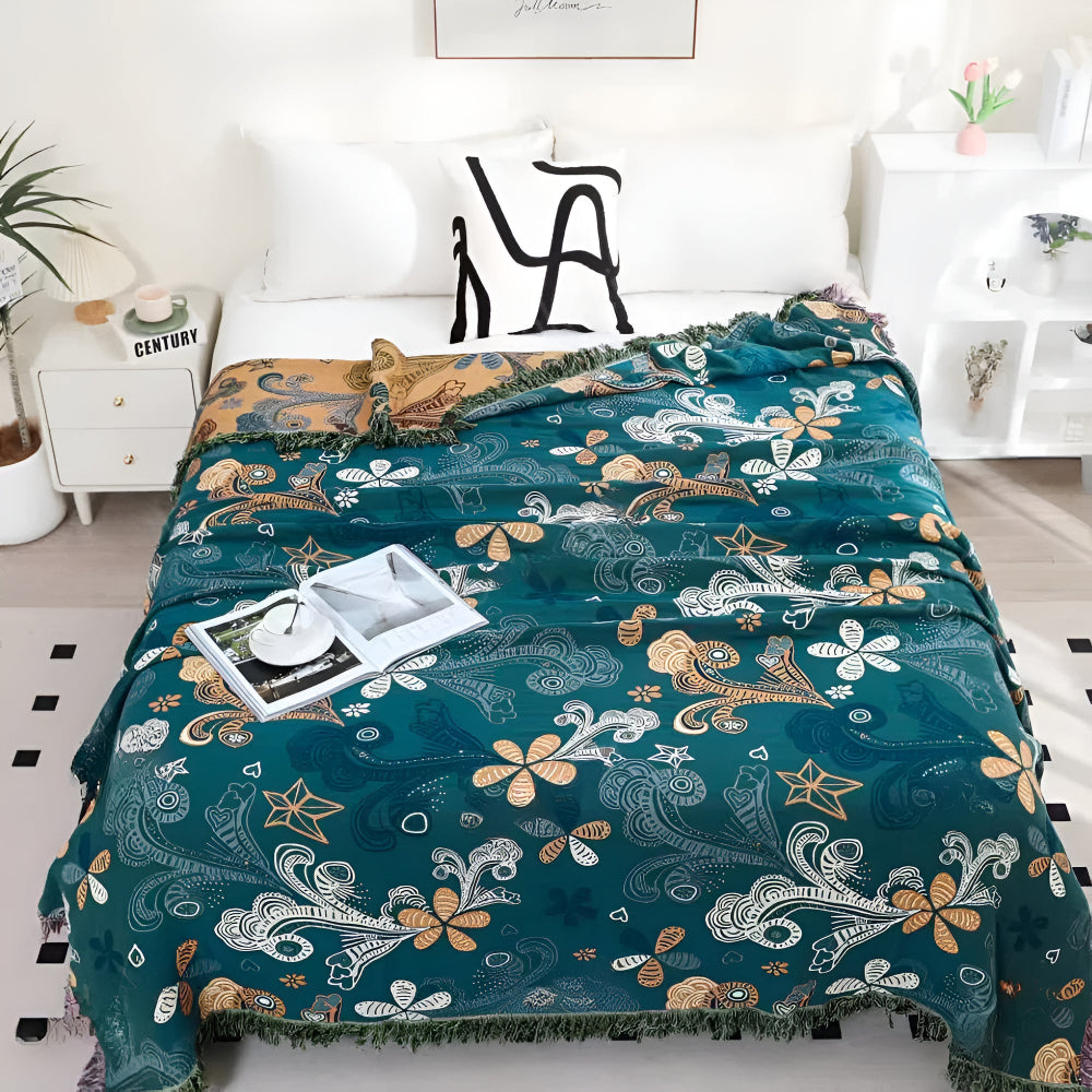 Teal Floral Paisley Throw Blanket with Fringe