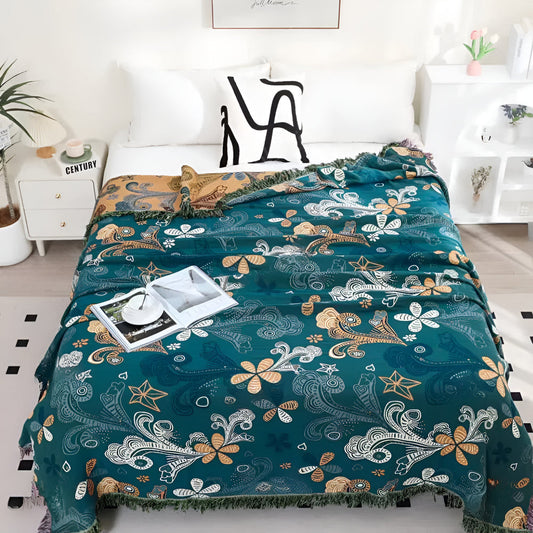 Teal Floral Paisley Throw Blanket with Fringe