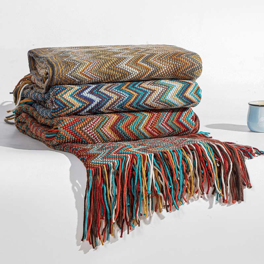 Multicolor Boho Zigzag Knit Throw Blanket with Tassels