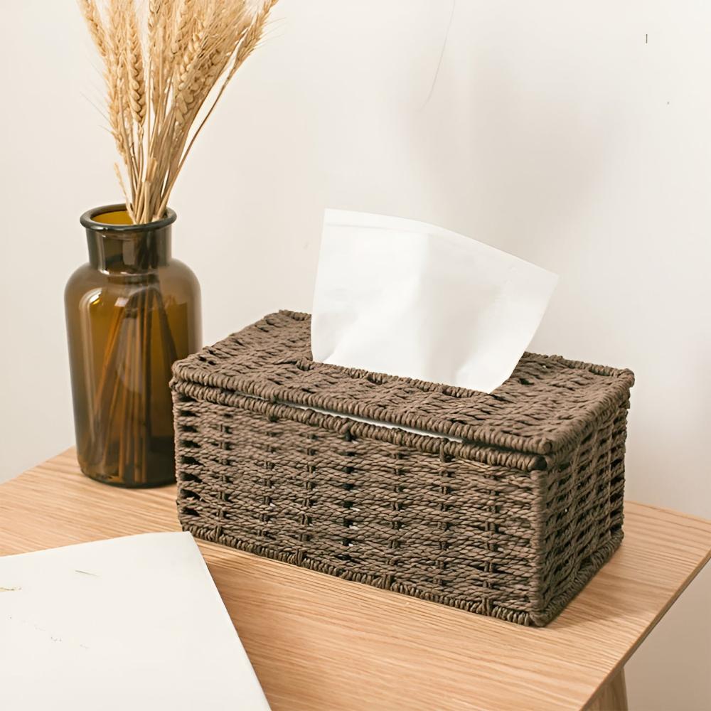 Rustic Rattan Tissue Box with Leather Accents