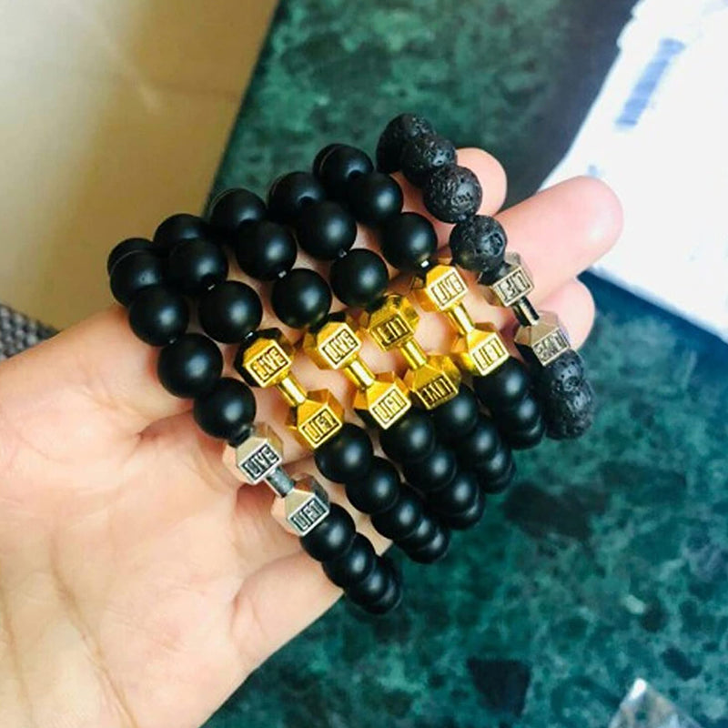 Chakra Dumbbell Bracelet in Black Onyx and Lava Stone