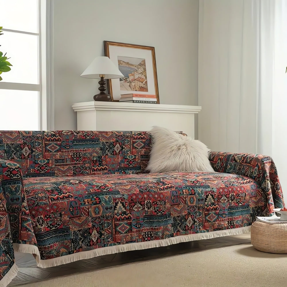 Bohemian Geometric Sofa Cover with Tassel Trim