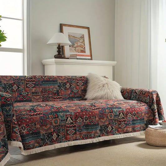 Bohemian Geometric Sofa Cover with Tassel Trim