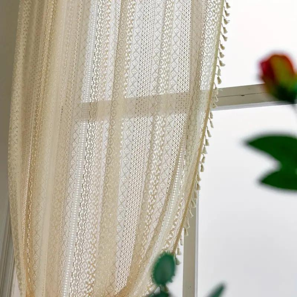 Bohemian Tassel Trim Crochet Curtain