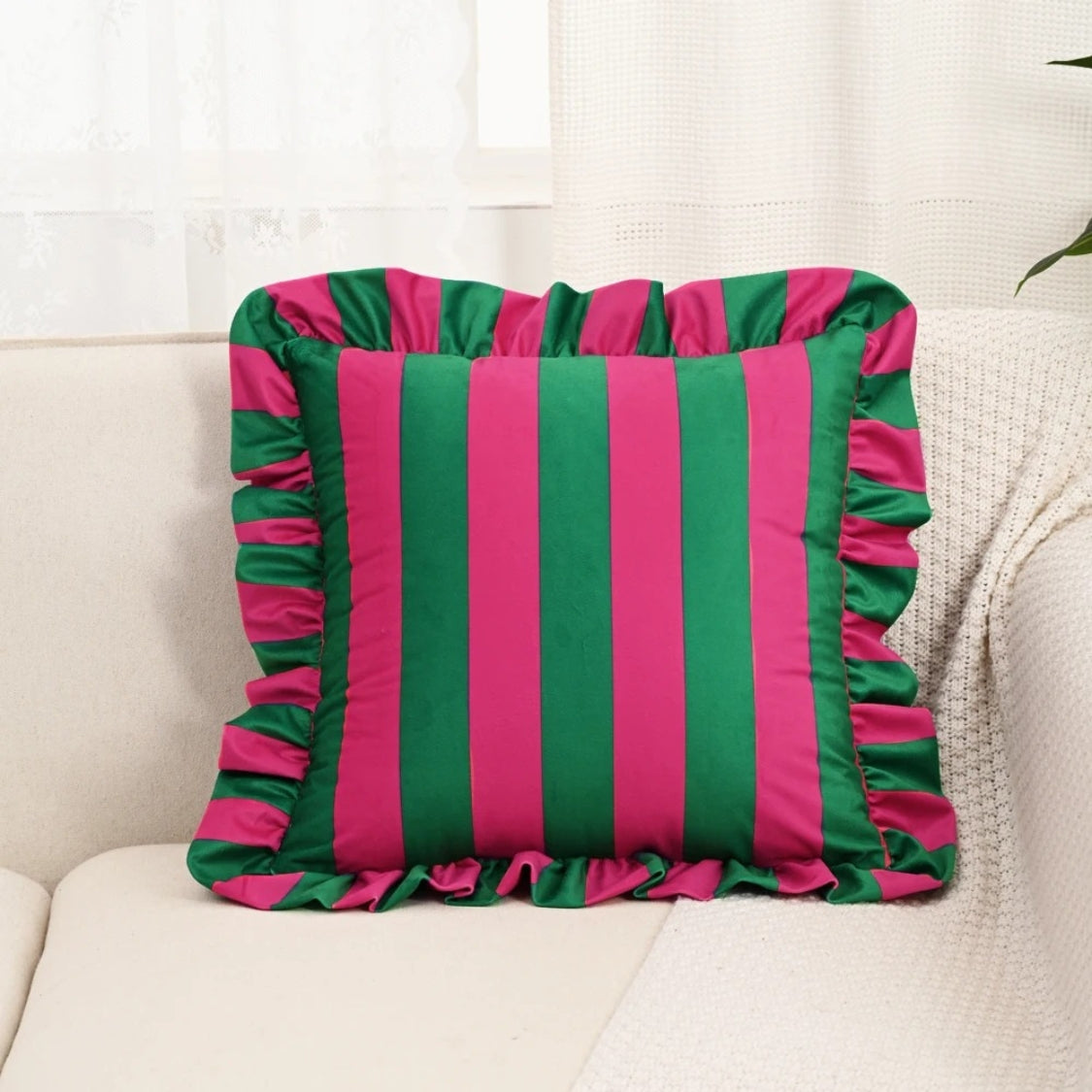 Striped Ruffle Cushion Cover in Soft Microfiber