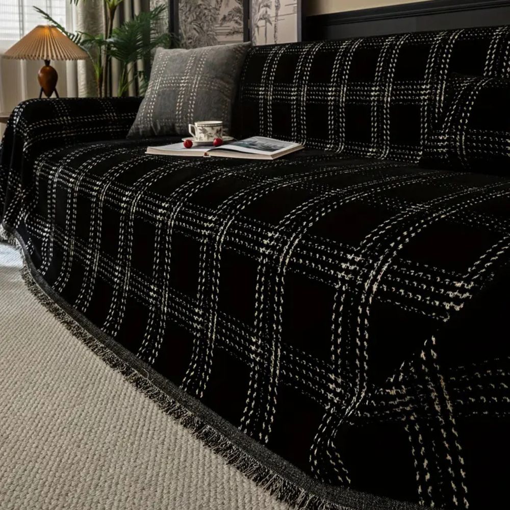 Chesterfield Plaid Chenille Sofa Cover with Anti-Slip Design