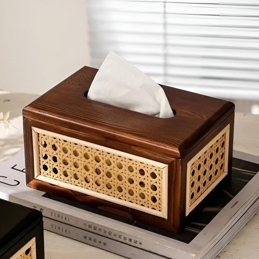 Japandi Minimalist Rattan Tissue Box with Wooden Lid