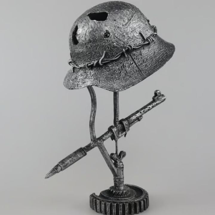 Vintage Steel Military Helmet Table Lamp with LED Flame Effect