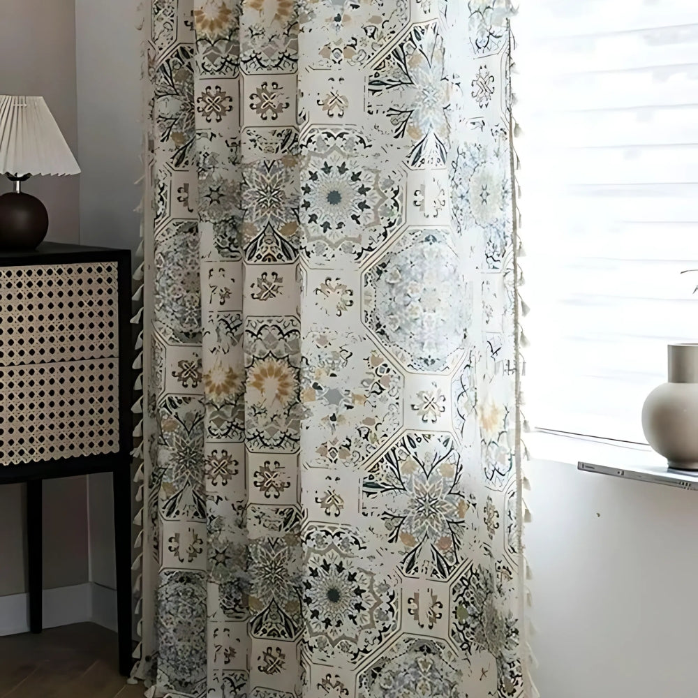 Boho Floral Tassel Curtain for Light-Filtering Privacy