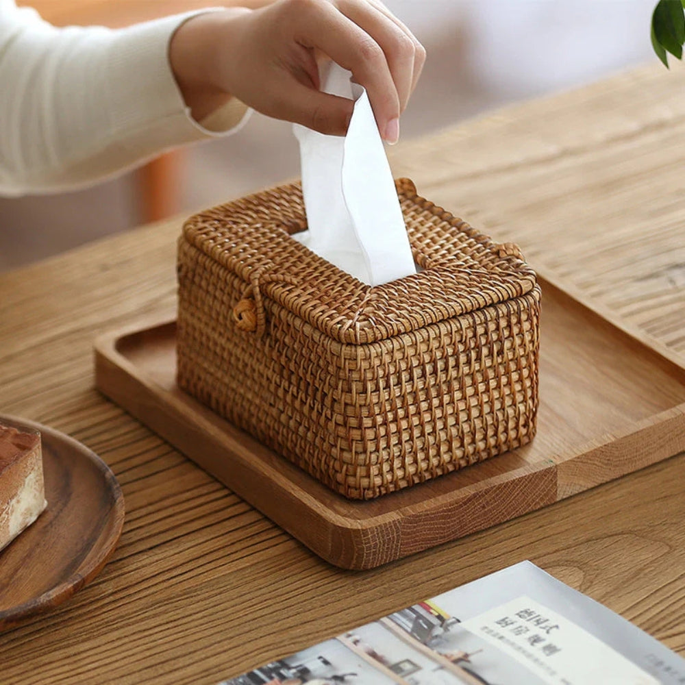 Handwoven Rattan Tissue Box with Loop Closure