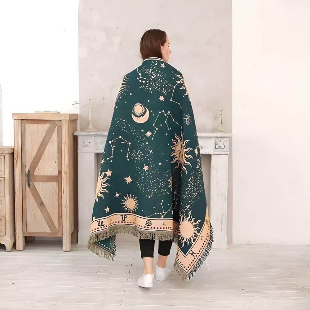 Reversible Sun Moon Stars Celestial Blanket with Tassels