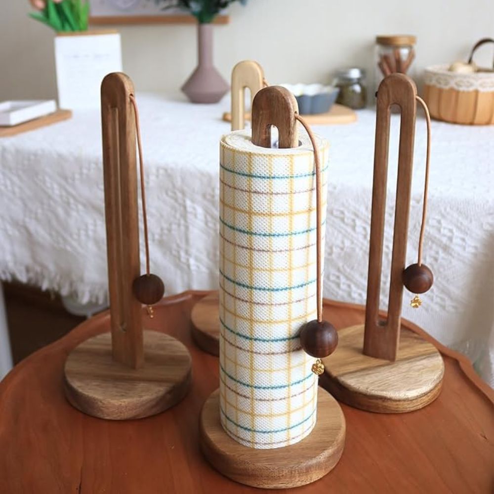 Acacia Wood Paper Roll Holder with Anti-Slip Base