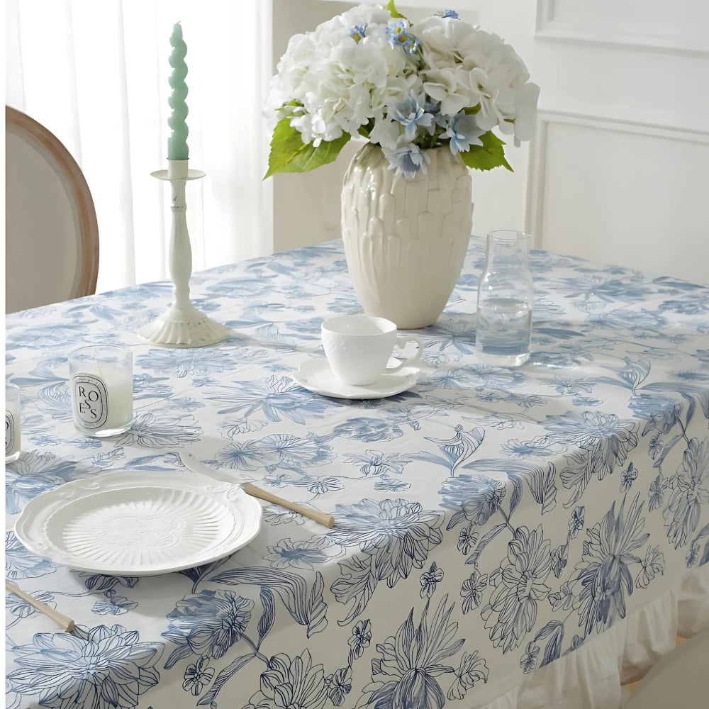 Blue Floral Lace Tablecloth with Ruffled Edges