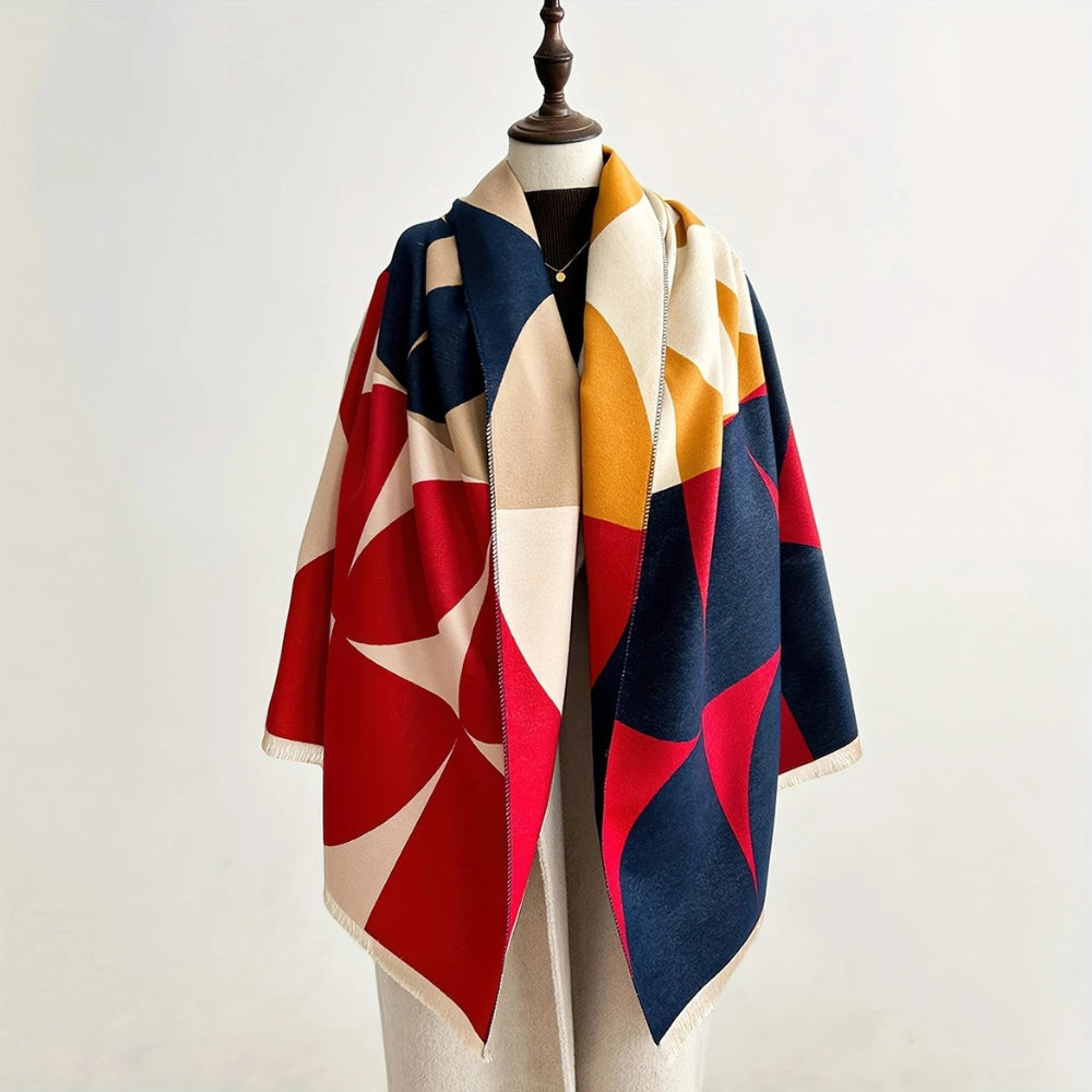 Reversible Geometric Color Block Poncho Scarf