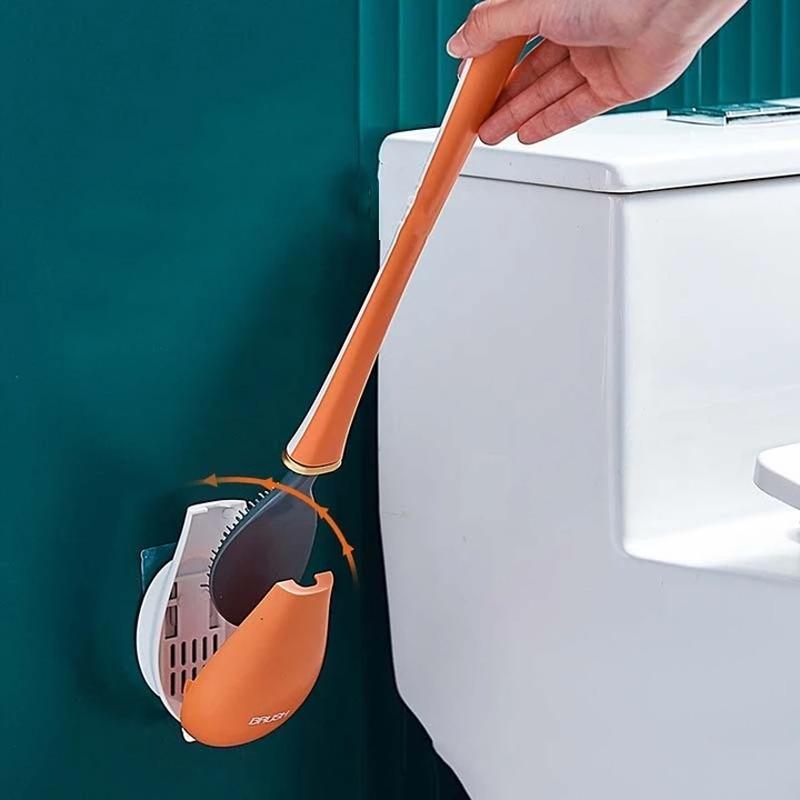 Long Handle Silicone Toilet Brush with Wall-Mounted Holder