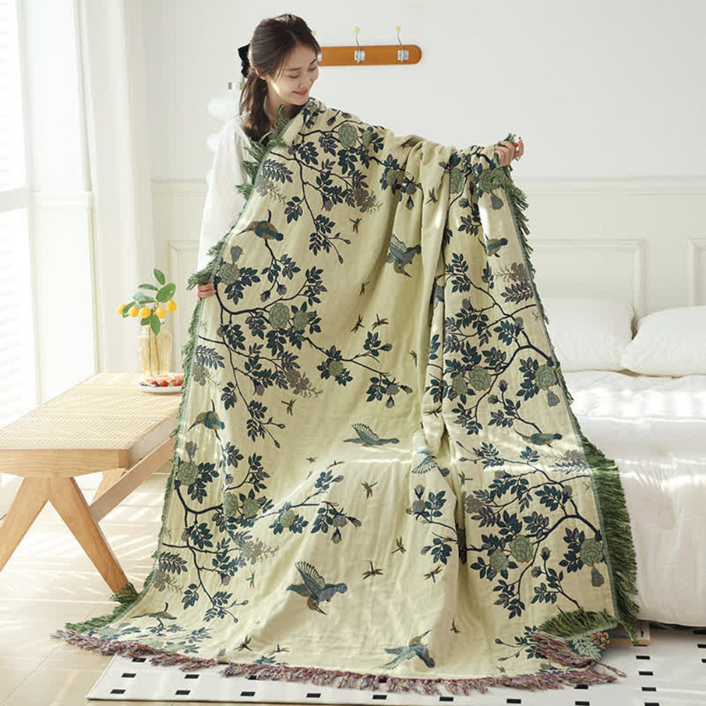 Ornate Jacquard Cotton Blanket with Tasseled Edges