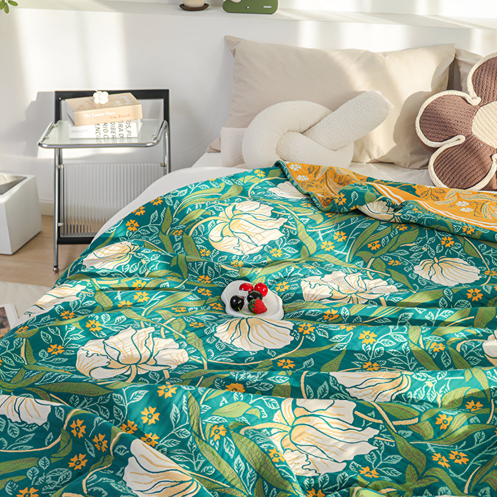Botanical Green Cotton Blanket with Golden Border