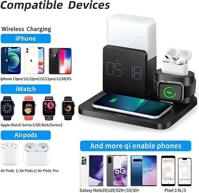 Multifunctional Wireless Charging Station with LED Lamp and Alarm Clock