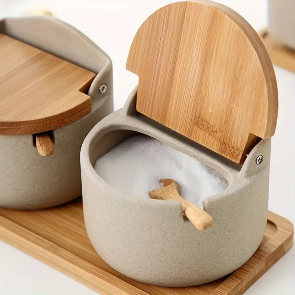 Ceramic Spice Jar Set with Bamboo Lids and Tray