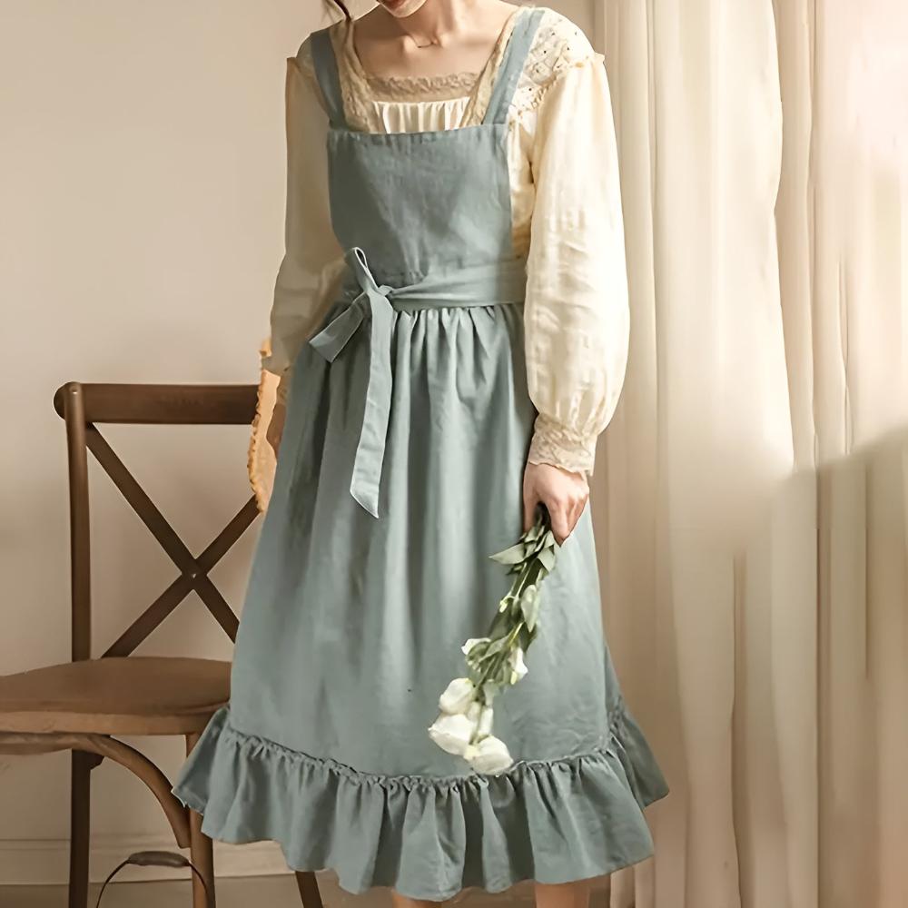 Rustic Ruffle Linen Apron with Front Pocket