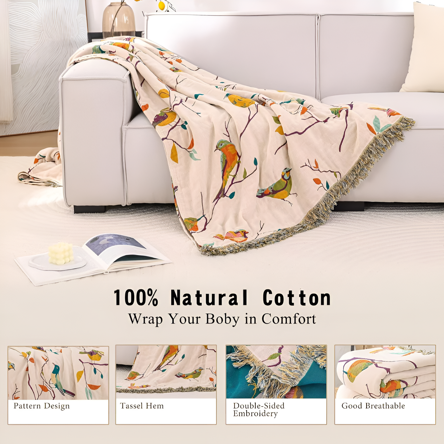 Whimsical Bird Cotton Blanket with Tassels