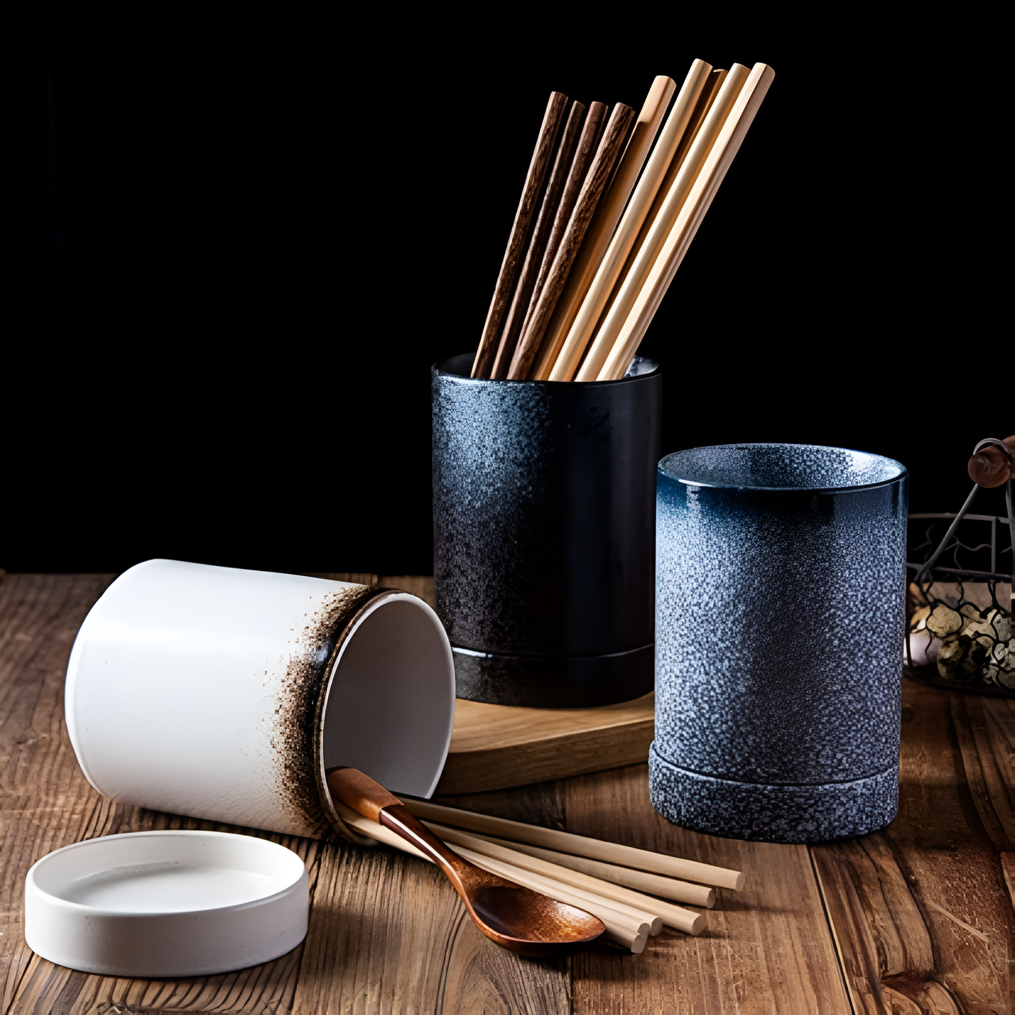 Ceramic Japanese Utensil Holder with Drainage Holes
