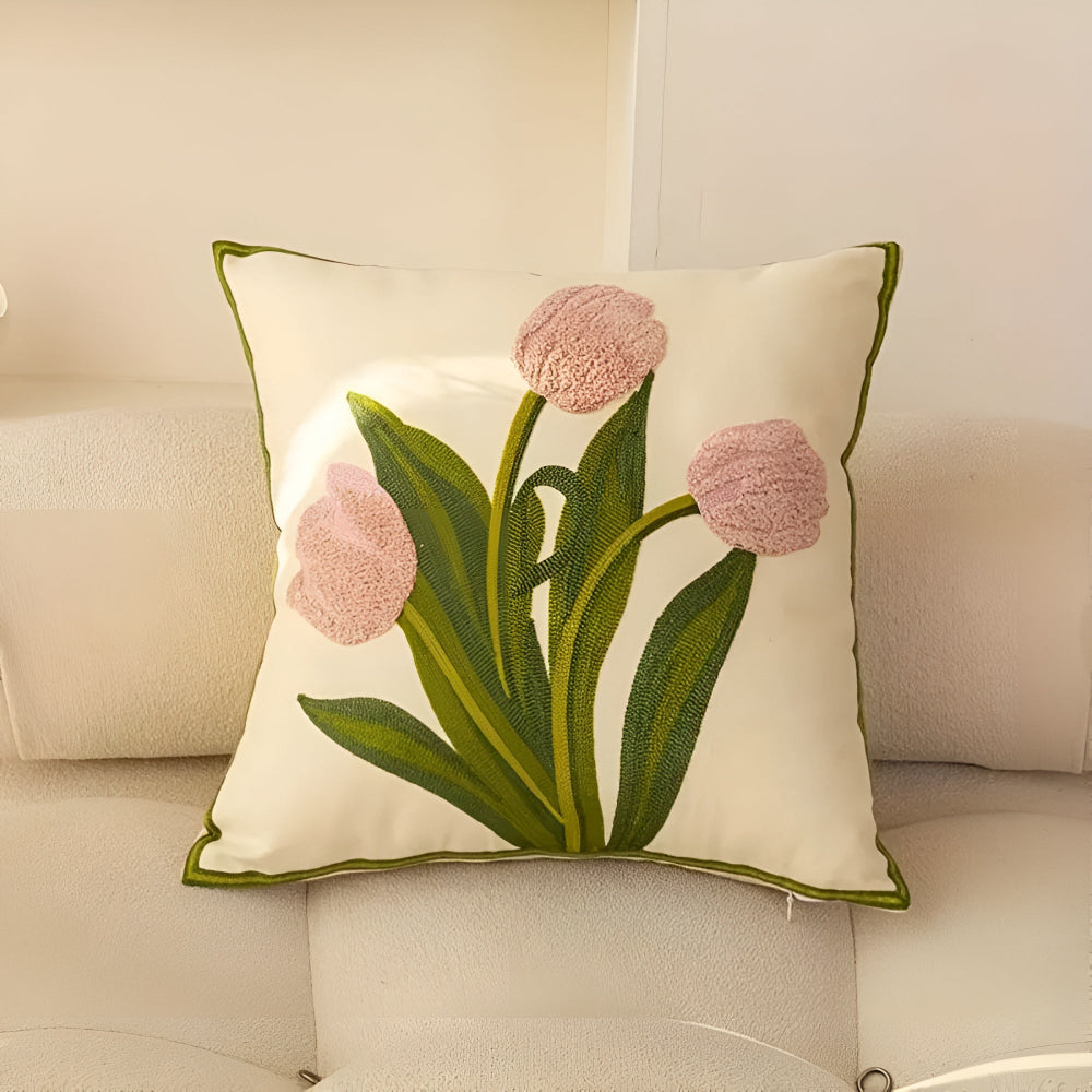 Boho-Chic Floral Embroidered Cotton Cushion Cover