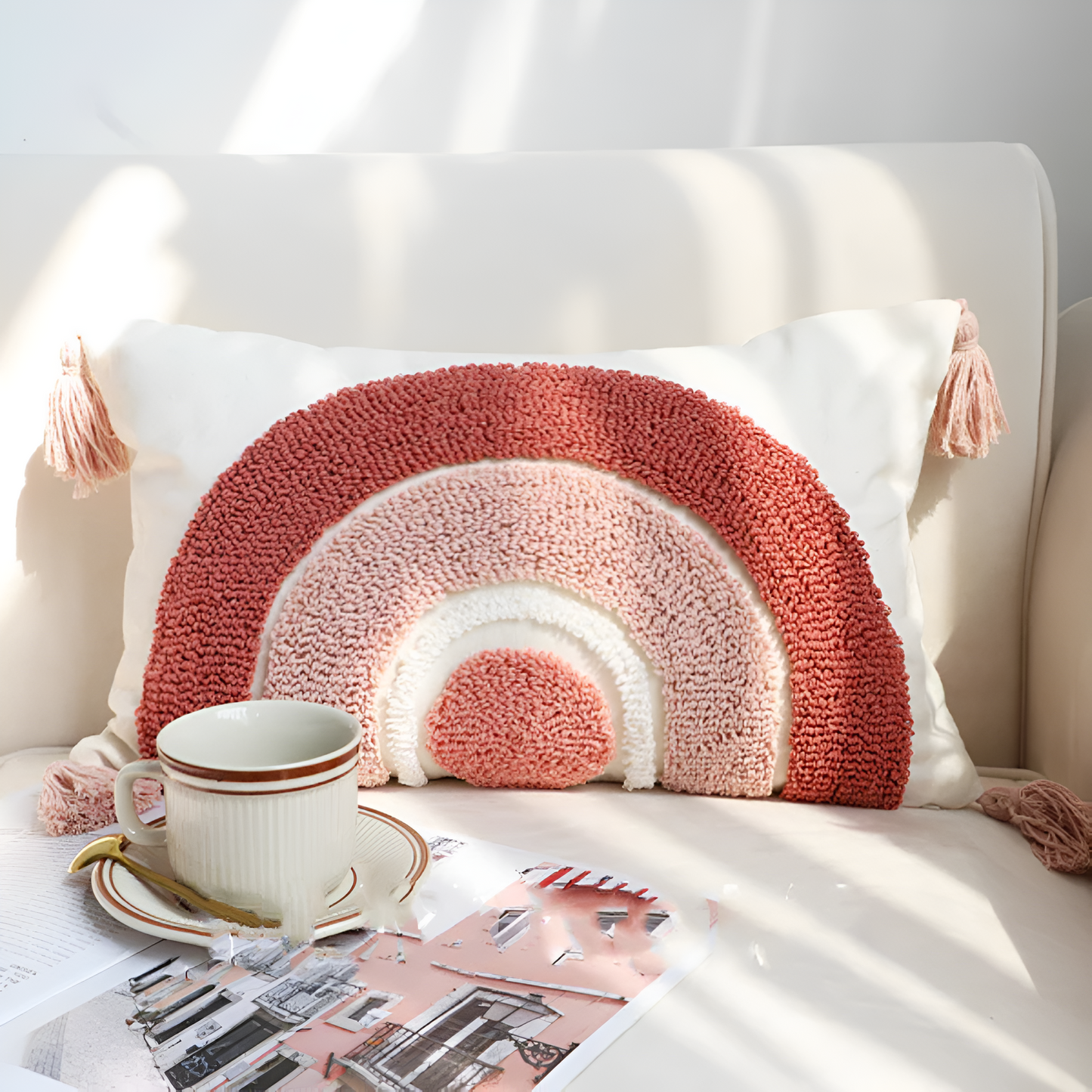 Tufted Cotton Rainbow Geometric Cushion Cover