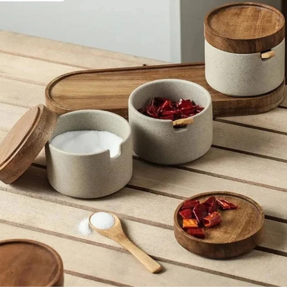 Ceramic Seasoning Jar Set with Wooden Lids