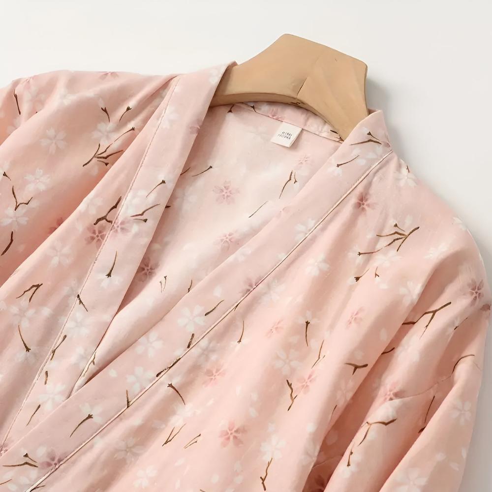 Floral Cotton Yukata Bathrobe with Adjustable Waist