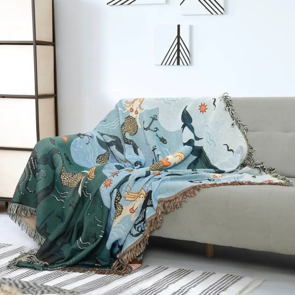Mermaid Tapestry Sofa Cover with Tassels