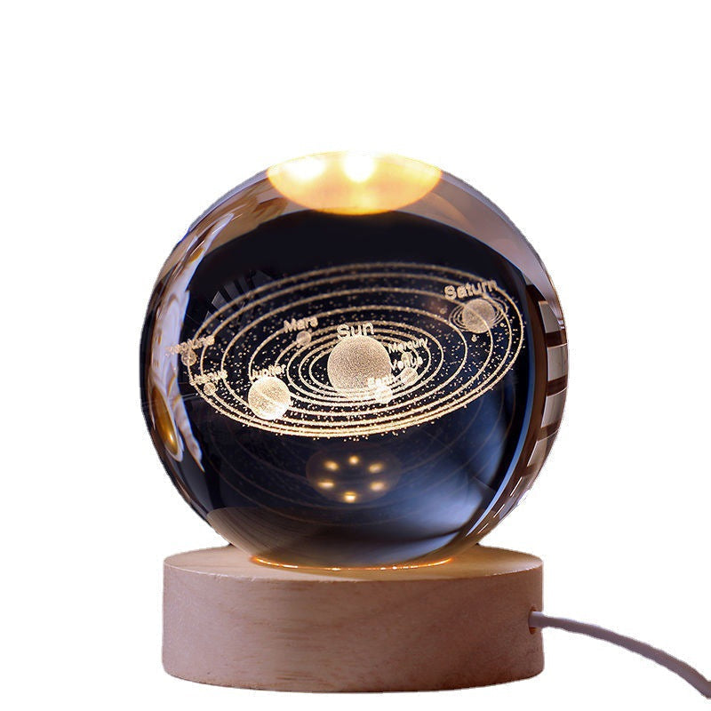 3D Solar System Crystal Ball Night Light with Wooden Base