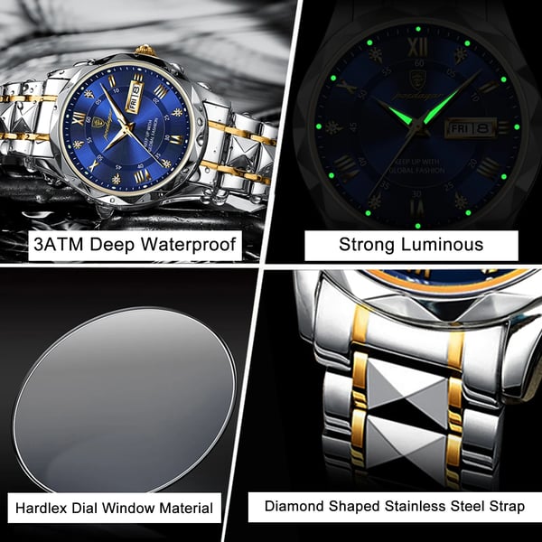 Men's 41mm Stainless Steel Quartz Watch with Luminescent Hands and Date
