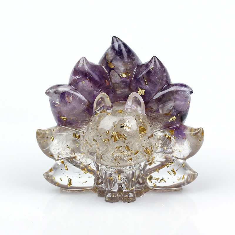Nine-Tailed Fox Gemstone Figurine with Natural Crystals