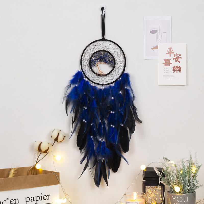 Crystal Tree of Life Dreamcatcher with Feather and Natural Stones