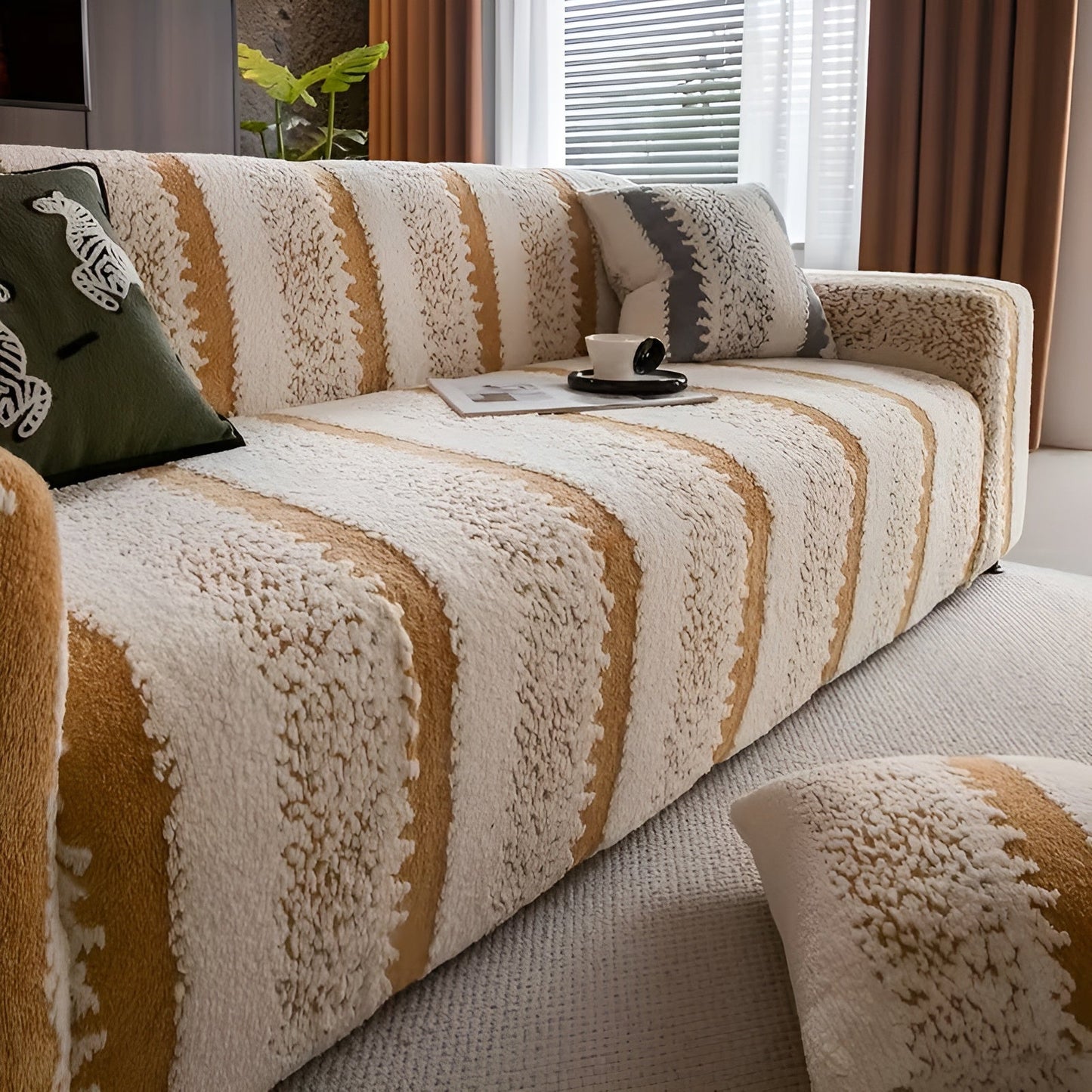 Plush Vertical Striped Sofa Cover Set - Soft Polyester Protection