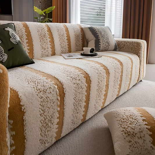 Plush Vertical Striped Sofa Cover Set - Soft Polyester Protection