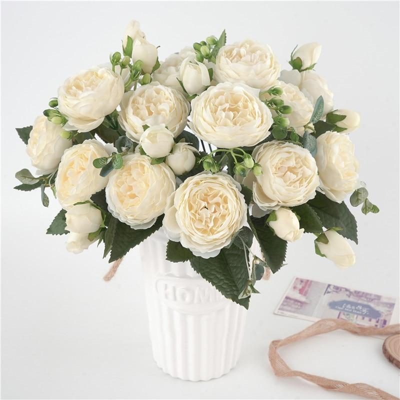 Artificial Peonies Floral Arrangement - Non-Woven Fabric, 5 Large Heads, 4 Buds