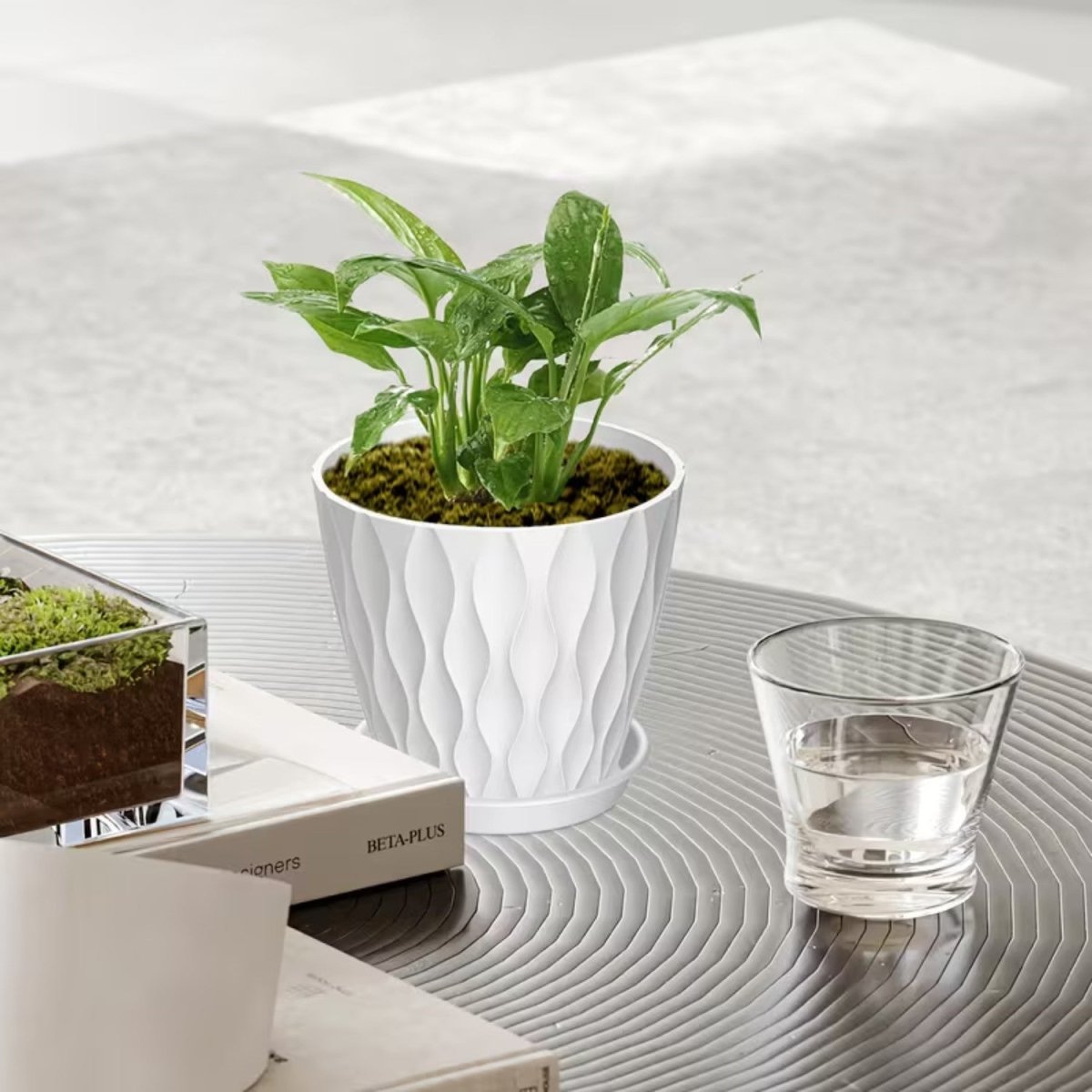Wave Texture Plant Pots with Drainage - 4 Inch, 5-Pack