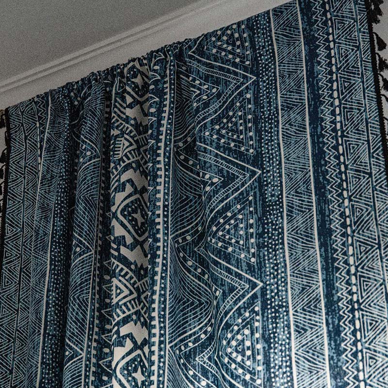 Blue Geometric Pattern Light-Filtering Curtain