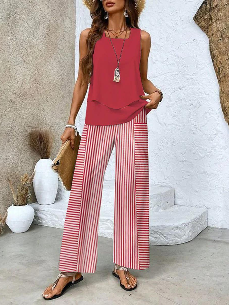 Sleeveless Summer Two-Piece Set with Wide-Leg Leaf Pattern Pants